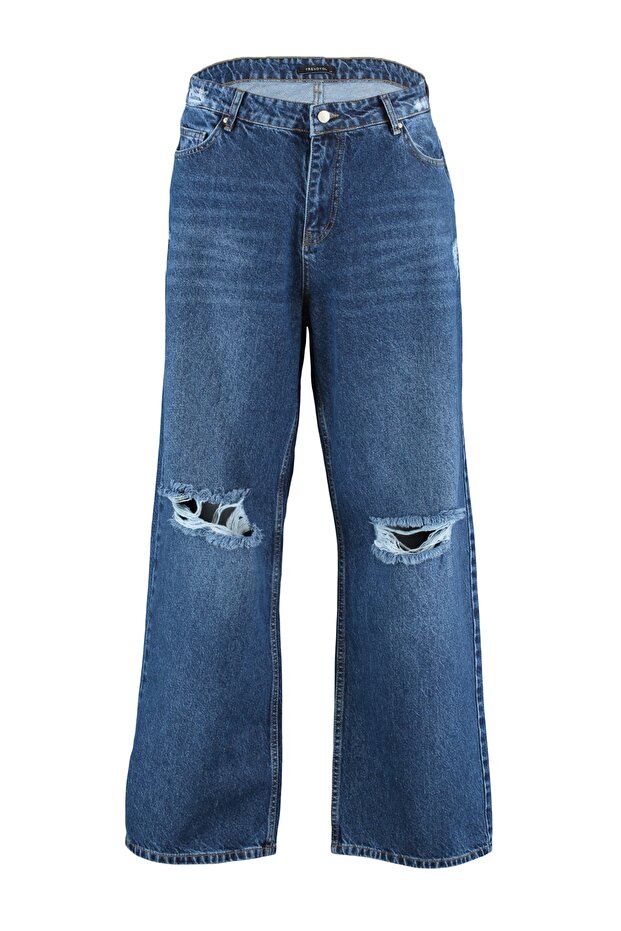 Koyu Mavi Yüksek Bel Destroylu Geniş Paça/Wide Leg %100 Pamuk Büyük Beden Jeans TBBSS22JE00006 - 12