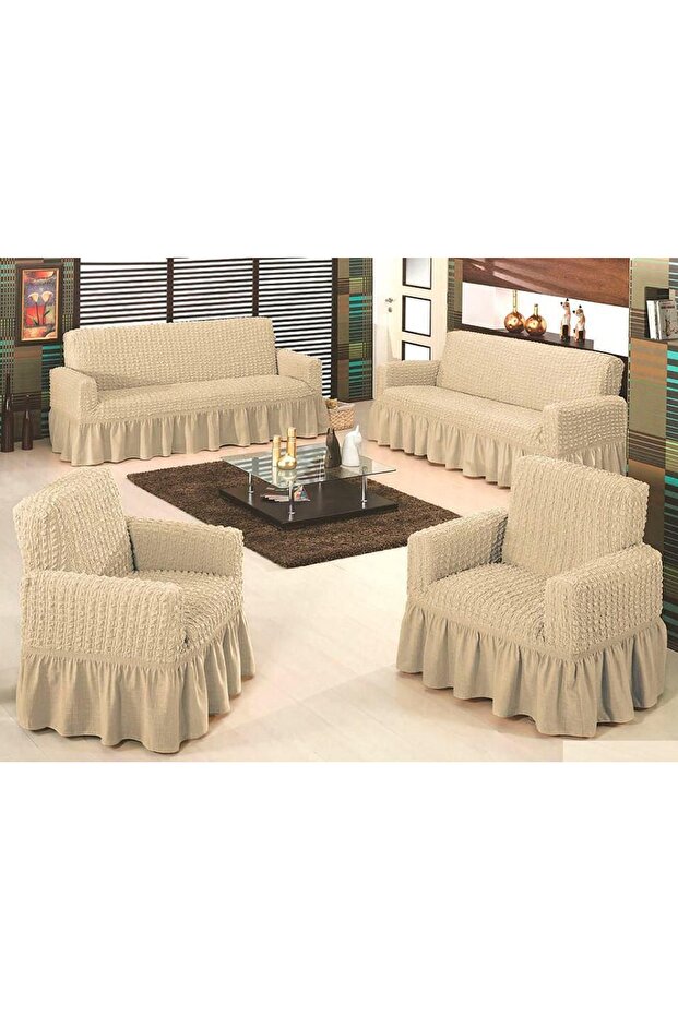 Stretch Wrinkled Sofa Seat Cover Stone Color Maxi Set 3+3+1+1 Flexible Elastic Sofa Bed Set Cover