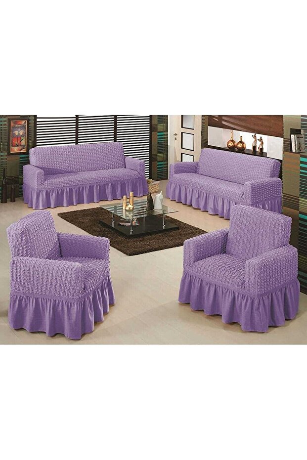 Lycra Wrinkled Sofa Cover Magenta Color Maxi Set 3+3+1+1 Flexible Elastic Sofa Bed Set Cover