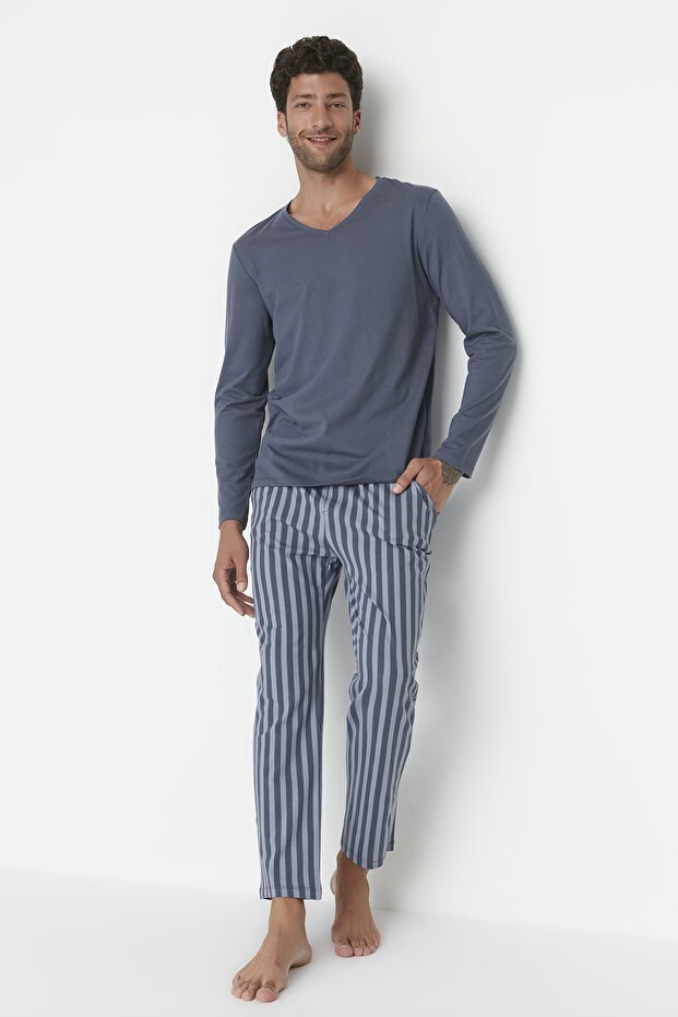 Açık Mavi Regular Fit Baskılı Örme %100 Pamuk Pijama Takımı THMAW21PT0715 - 1