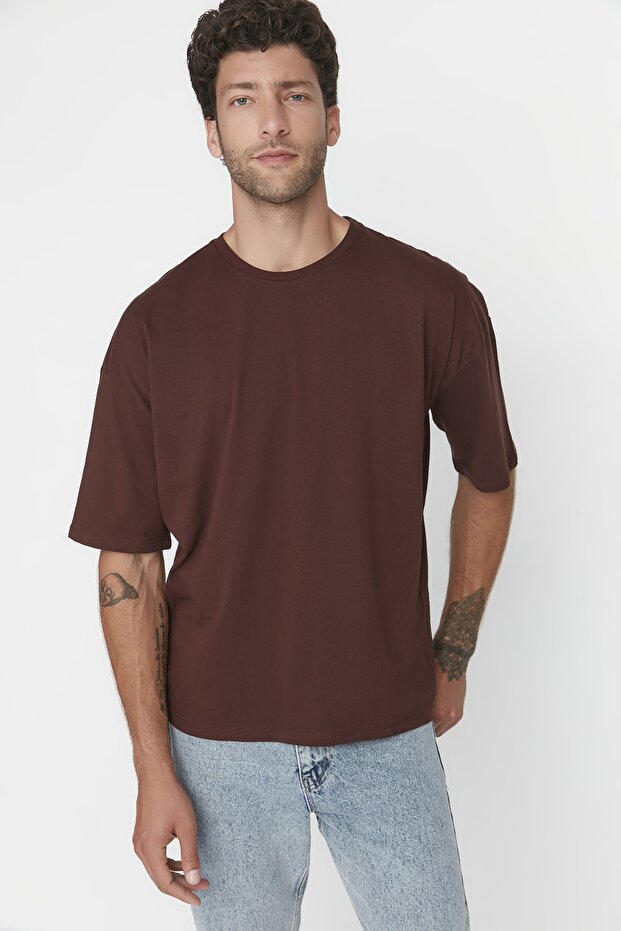 Kahverengi Oversize/Geniş Kesim %100 Pamuklu Kısa Kollu Basic T-Shirt TMNSS22TS0318 - 5