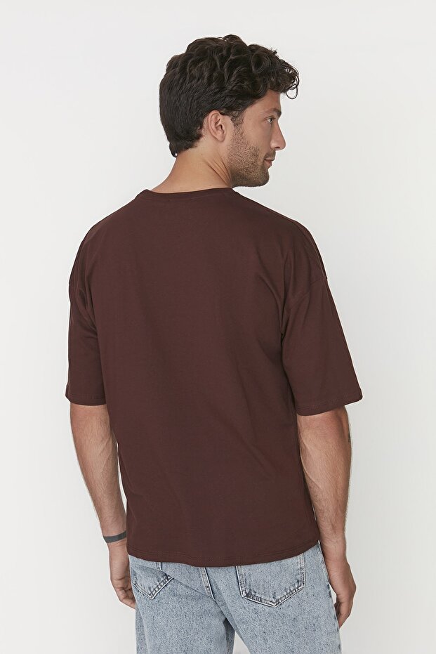 Kahverengi Oversize/Geniş Kesim %100 Pamuklu Kısa Kollu Basic T-Shirt TMNSS22TS0318 - 2