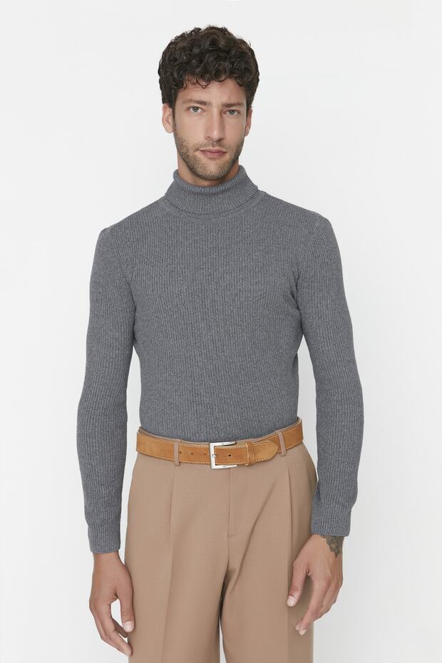 Füme Slim Fit Pamuklu Couple/Çift Balıkçı Yaka Fitilli Örgü Kazak TMNAW20MG0031 - 6
