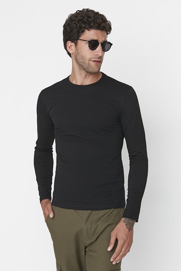 Siyah Basic Regular/Normal Kesim Bisiklet Yaka Uzun Kollu %100 Pamuk Tok Kumaş T-shirt TMNAW21TS0208 - 6