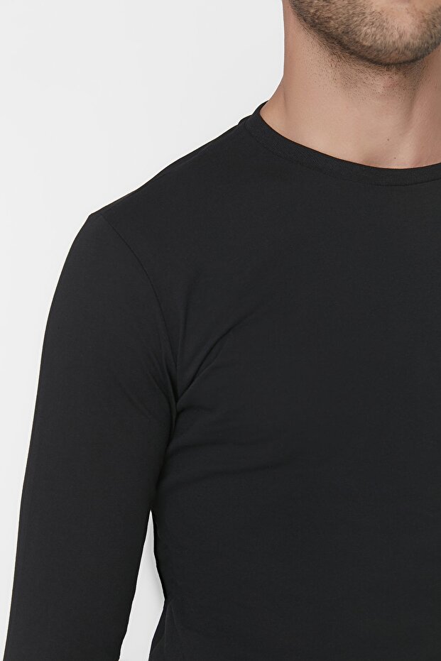 Siyah Basic Regular/Normal Kesim Bisiklet Yaka Uzun Kollu %100 Pamuk Tok Kumaş T-shirt TMNAW21TS0208 - 7