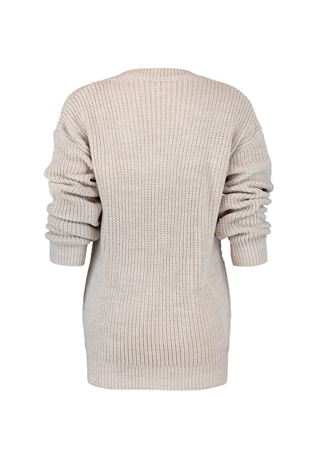 Beigefarbener Strickpullover mit V-Ausschnitt und Lochmuster TWOAW21KZ0690 - 7