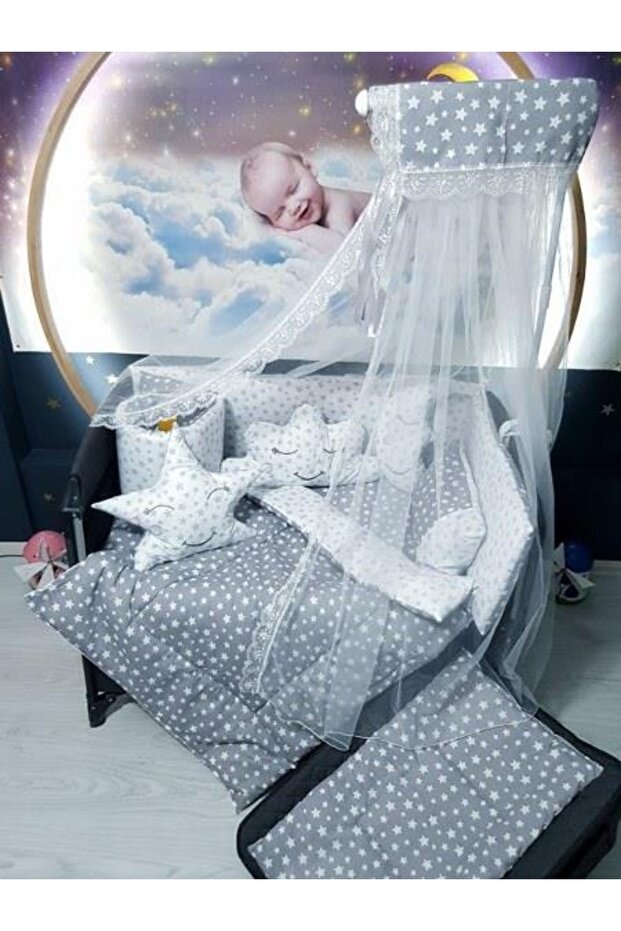 70x120 Baby Sleeping Set with Mosquito Net Star Pattern 12 Pieces Compatible with Park Cribs (crib is not included) - 1
