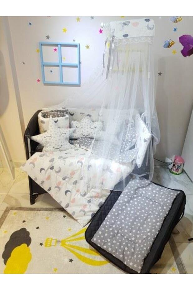 70x120 Baby Sleeping Set with Mosquito Net, Crescent and Star Pattern, 12 Pieces Compatible with Park Cribs (crib is not included)