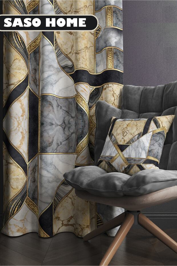 Yellow-gray Mosaic Marble Processing Patterned 140 X 270 Cm Digital Printed Background Curtain (Single Wing) - 2