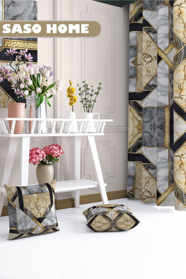 Yellow-gray Mosaic Marble Processing Patterned 140 X 270 Cm Digital Printed Background Curtain (Single Wing) - 3
