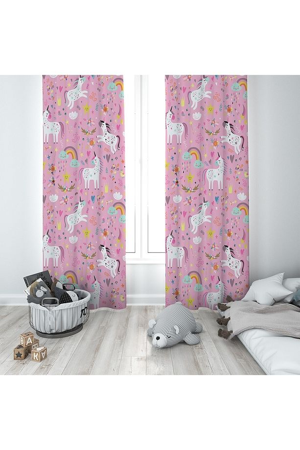 Pembe Unicorn Desenli Dijital Baskı Yıkanabilir Bebek Çocuk Odası Fon Perdesi - 1