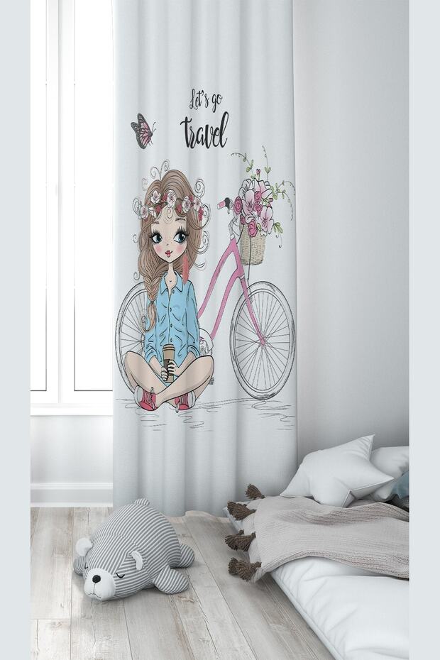 Girl on a Bicycle with White Background Patterned Digital Printing Washable Baby Kids Room Backdrop Curtain