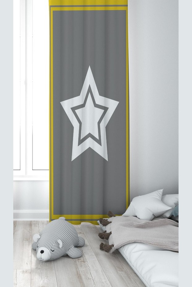 Gray Star Patterned Baby and Children's Room - Digital Printing, Washable Background Curtain