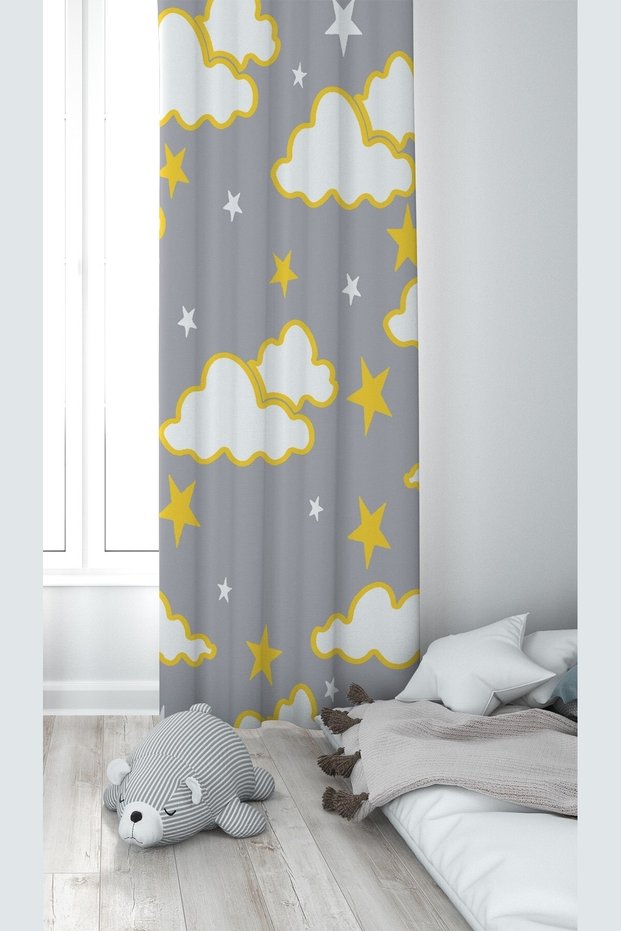 Gray Cloud Patterned Digital Printing Washable Baby Kids Room Background Curtain