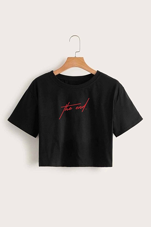 Griland Women's Black Oversize The End Printed Crop Tshirt
