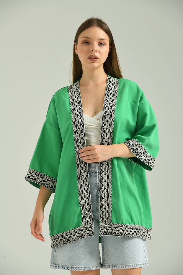 Women's Short Sleeve Embroidered Linen Kimono
