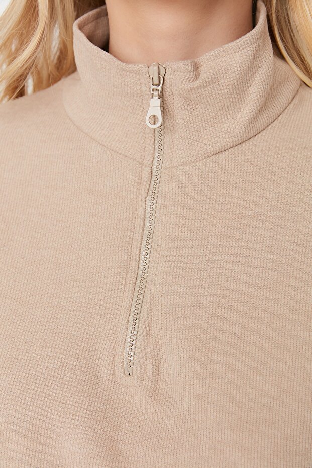 Bej Selanik/Triko Görünümlü Fermuarlı Yaka Regular/Normal Kalıp Örme Sweatshirt TWOAW22SW0732 - 8