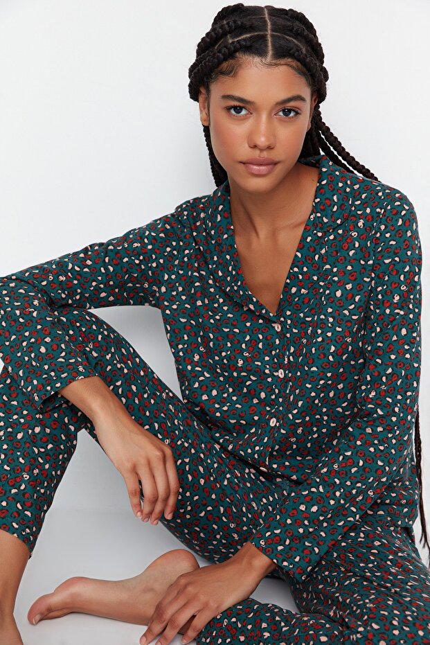 Yeşil %100 Pamuklu Leopar Desenli Gömlek Pantolon Örme Pijama Takımı THMAW23PT00150 - 1