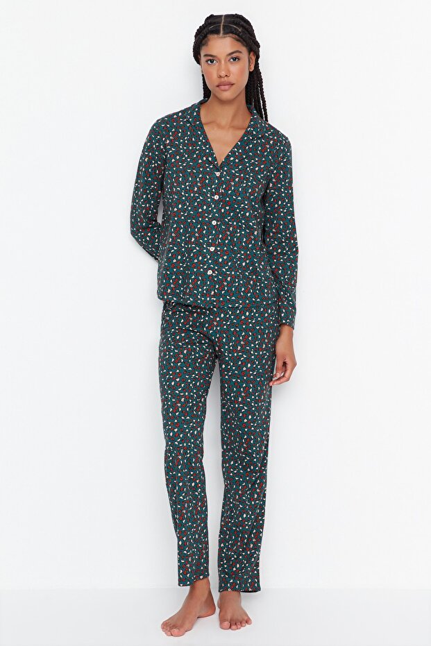 Yeşil %100 Pamuklu Leopar Desenli Gömlek Pantolon Örme Pijama Takımı THMAW23PT00150 - 4