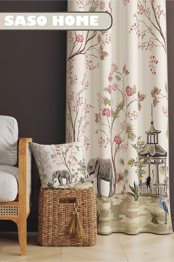 Cream Elephant And Roses Pattern Desenli 140 X 270 Cm Dijital Baskılı Kadife Fon Perde( Tek Kanat ) - 1
