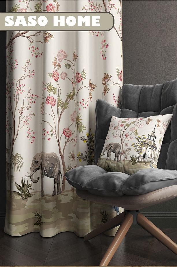 Cream Elephant And Roses Pattern Desenli 140 X 270 Cm Dijital Baskılı Kadife Fon Perde( Tek Kanat ) - 2