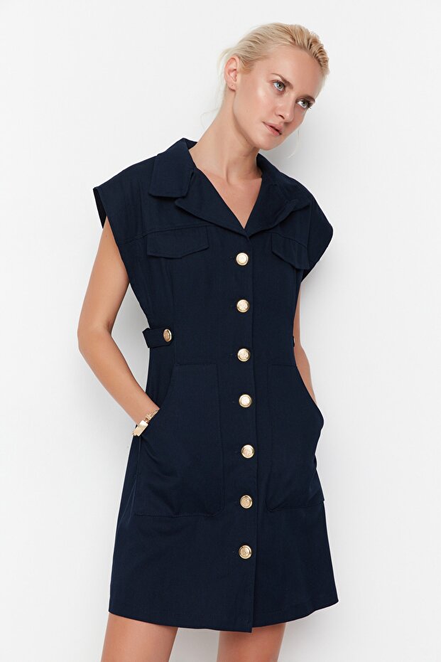 Lacivert Düğme Detaylı Gabardin Mini Dokuma Gömlek Elbise TWOSS22EL2970 - 4