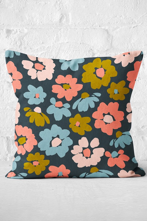 Colorful Flower Patterned Digital Printed Modern Pillow Throw Pillow Cover on Black Background