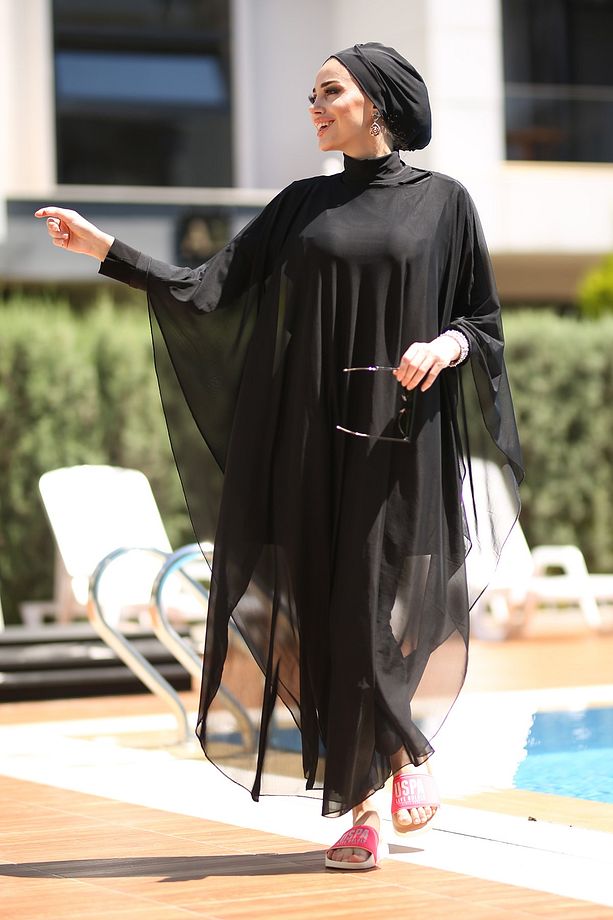 Tesettür Mayo Üzerine Desenli Tek Kaftan Pareo Rp001 Siyah - 4