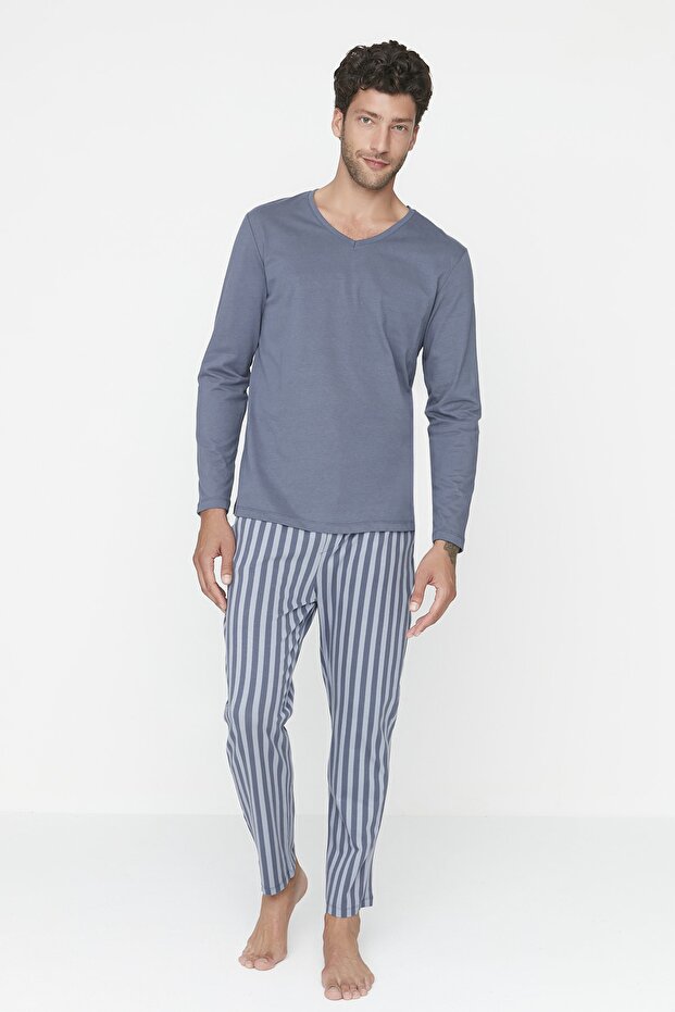 Açık Mavi Regular Fit Baskılı Örme %100 Pamuk Pijama Takımı THMAW21PT0715 - 3