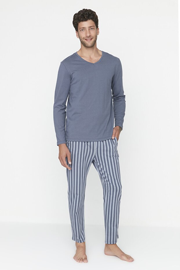 Açık Mavi Regular Fit Baskılı Örme %100 Pamuk Pijama Takımı THMAW21PT0715 - 2
