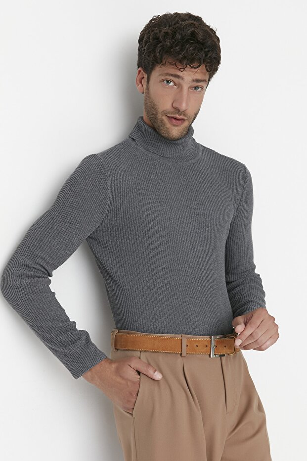 Füme Slim Fit Pamuklu Couple/Çift Balıkçı Yaka Fitilli Örgü Kazak TMNAW20MG0031 - 7