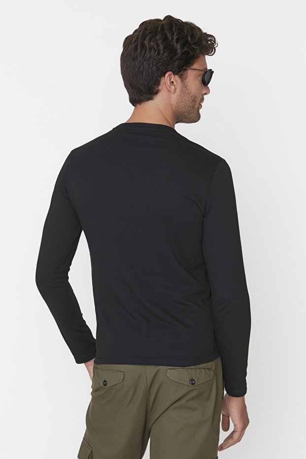 Siyah Basic Regular/Normal Kesim Bisiklet Yaka Uzun Kollu %100 Pamuk Tok Kumaş T-shirt TMNAW21TS0208 - 5