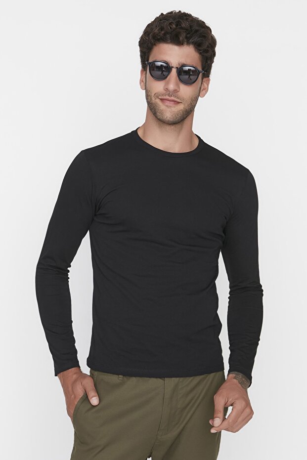 Siyah Basic Regular/Normal Kesim Bisiklet Yaka Uzun Kollu %100 Pamuk Tok Kumaş T-shirt TMNAW21TS0208 - 8