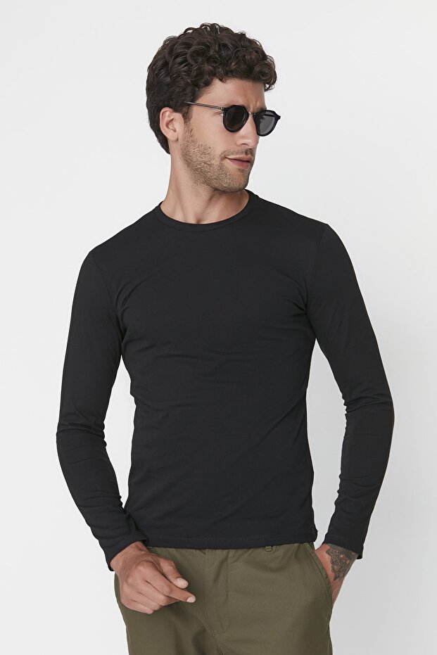 Siyah Basic Regular/Normal Kesim Bisiklet Yaka Uzun Kollu %100 Pamuk Tok Kumaş T-shirt TMNAW21TS0208 - 9
