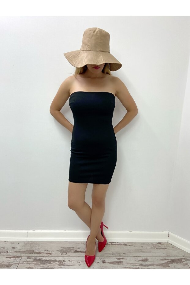 Flexible Crepe Fabric Strapless Black Mini Evening Dress and Graduation Dress 059