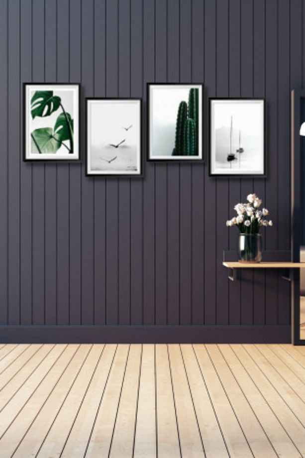 4'lü Ahşap Tablo Seti - Yeşil Yapraklar Salon Oturma Odası Çerçeve Görünümlü Duvar Dekoru 60x20 cm - 1