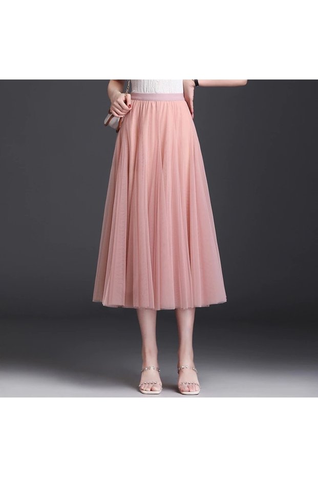 3 Layers Midi Summer Tulle Skirt Casual High Waist Pleated Long Tulle Skirt