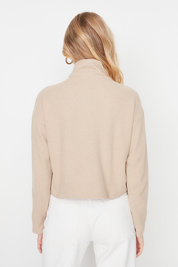 Bej Selanik/Triko Görünümlü Fermuarlı Yaka Regular/Normal Kalıp Örme Sweatshirt TWOAW22SW0732 - 9