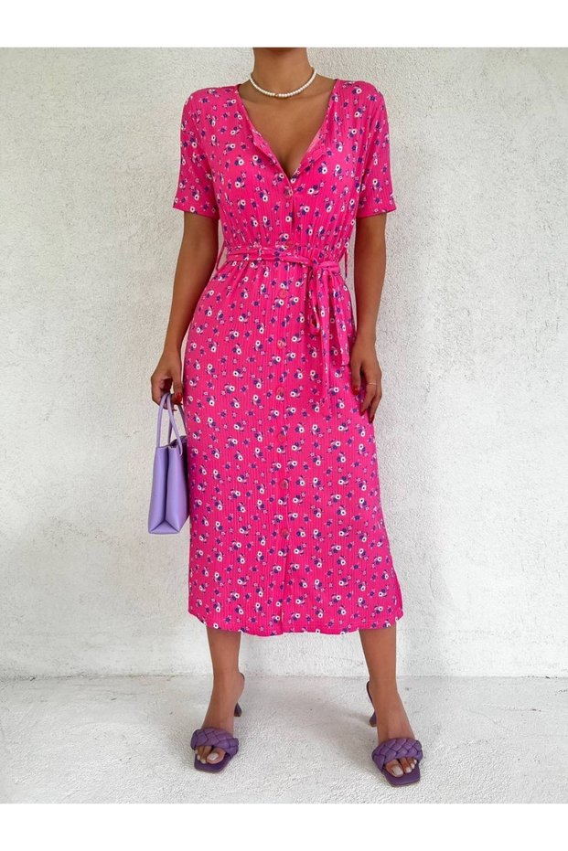 Women's Short Sleeve Long Length Waist Belted Dress Pink