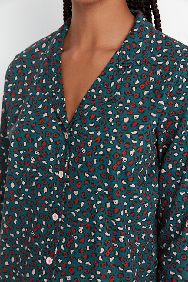 Yeşil %100 Pamuklu Leopar Desenli Gömlek Pantolon Örme Pijama Takımı THMAW23PT00150 - 2