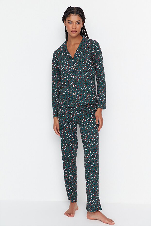 Yeşil %100 Pamuklu Leopar Desenli Gömlek Pantolon Örme Pijama Takımı THMAW23PT00150 - 3
