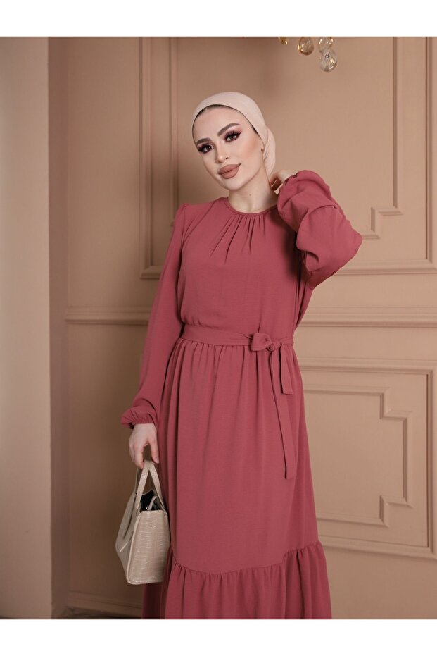 Ayrobin Belted Dress with Ruffle Detail on the Collar