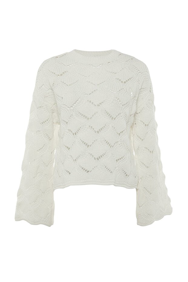 Ażurowy sweterek z dzianiny w kolorze ecru - z dziurkami TWOAW22KZ1171 - 9