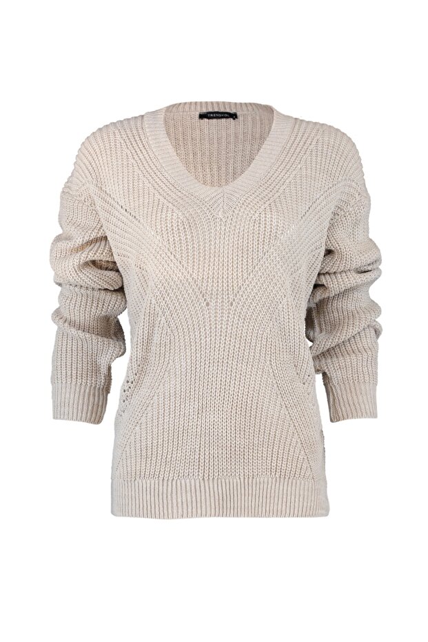 Beigefarbener Strickpullover mit V-Ausschnitt und Lochmuster TWOAW21KZ0690 - 8