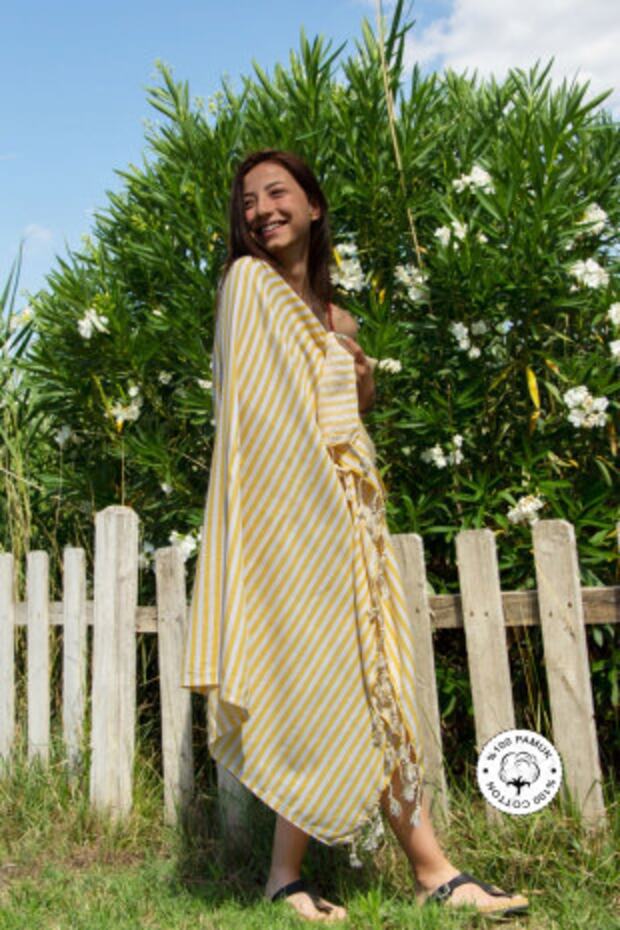 100% Organic Cotton, Zebra Patterned Yellow Peshtemal, Bath and Beach Towel, 100x175cm