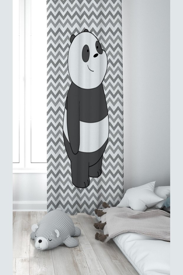 Gray Panda Patterned Digital Printing Washable Baby Kids Room Background Curtain