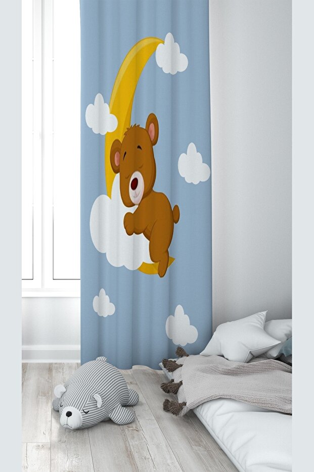 Blue Teddy Bear Patterned Digital Printed Washable Baby Room Background Curtain