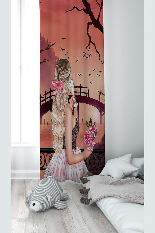 Girl Patterned Pink Nature Digital Printed Washable Room Background Curtain