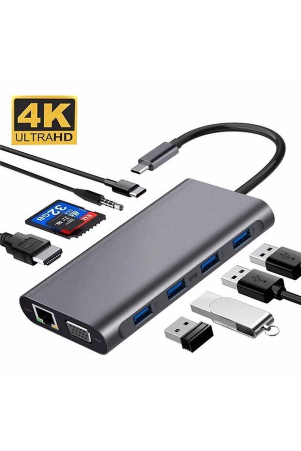 Macbook Compatible Type-C To 4* Usb 3.0 4k 1080p HD HDMI VGA RJ45 PD Aux Audio SD TF Card 11in1 Converter