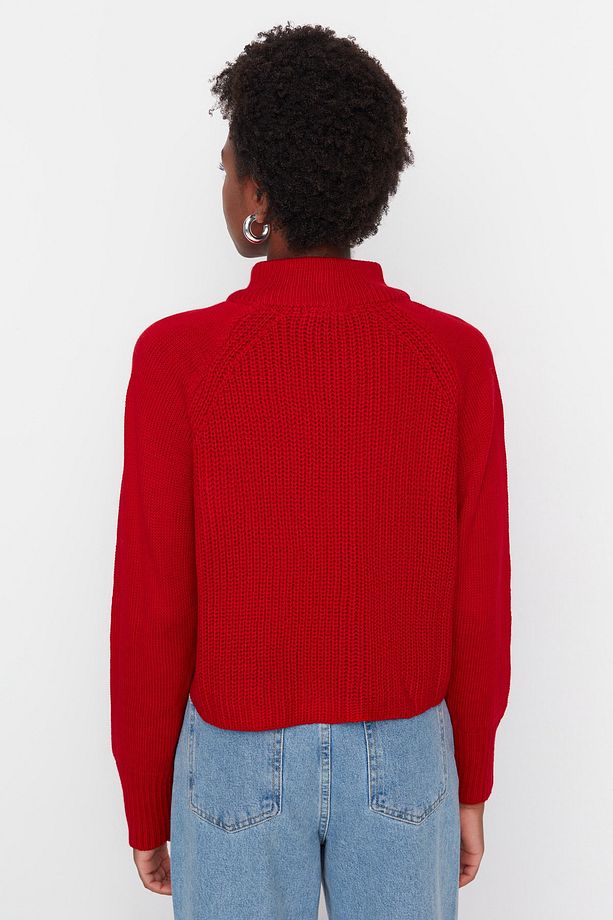 Kırmızı Crop Fermuarlı Dik Yaka Basic Triko Kazak TWOAW22KZ1632 - 5